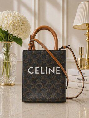 Authentic Celine Mini Vertical Cabas Triomphe Canvas Crossbody Tote Brown Logo